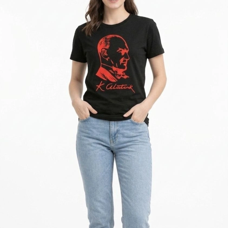 Kadın Atatürk Baskılı Tişört Kısa Kollu Bisiklet Yaka T-Shirt - Siyah