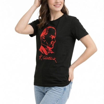 Kadın Atatürk Baskılı Tişört Kısa Kollu Bisiklet Yaka T-Shirt - Siyah