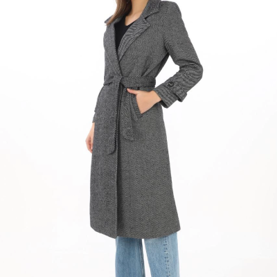 Kadın Balık Sırtı Kaşe Kaban Uzun Boy Kruvaze Yaka Kuşaklı Astarlı Tesettür Kaban - Füme