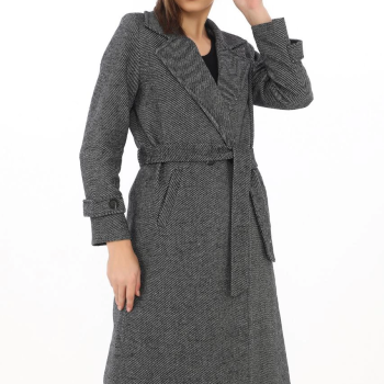 Kadın Balık Sırtı Kaşe Kaban Uzun Boy Kruvaze Yaka Kuşaklı Astarlı Tesettür Kaban - Füme