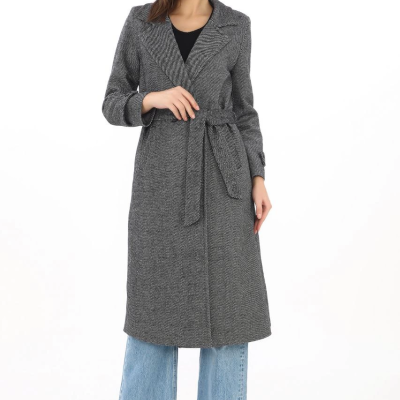 Kadın Balık Sırtı Kaşe Kaban Uzun Boy Kruvaze Yaka Kuşaklı Astarlı Tesettür Kaban - Füme