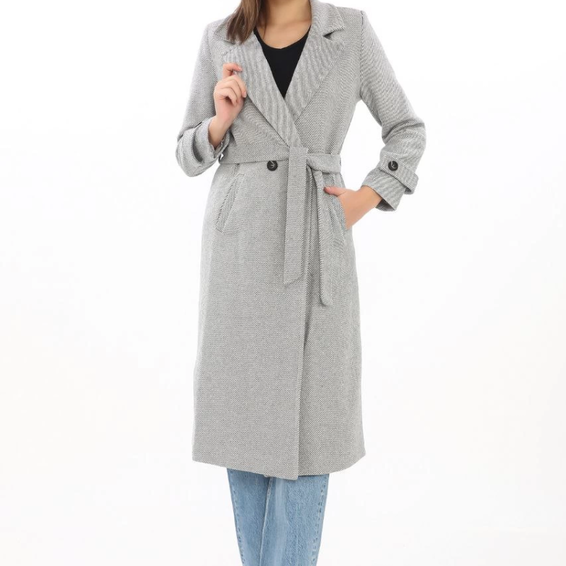 Kadın Balık Sırtı Kaşe Kaban Uzun Boy Kruvaze Yaka Kuşaklı Astarlı Tesettür Kaban - Gri