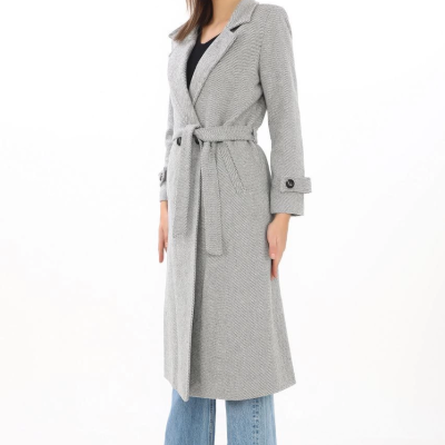 Kadın Balık Sırtı Kaşe Kaban Uzun Boy Kruvaze Yaka Kuşaklı Astarlı Tesettür Kaban - Gri