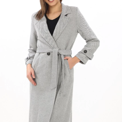 Kadın Balık Sırtı Kaşe Kaban Uzun Boy Kruvaze Yaka Kuşaklı Astarlı Tesettür Kaban - Gri