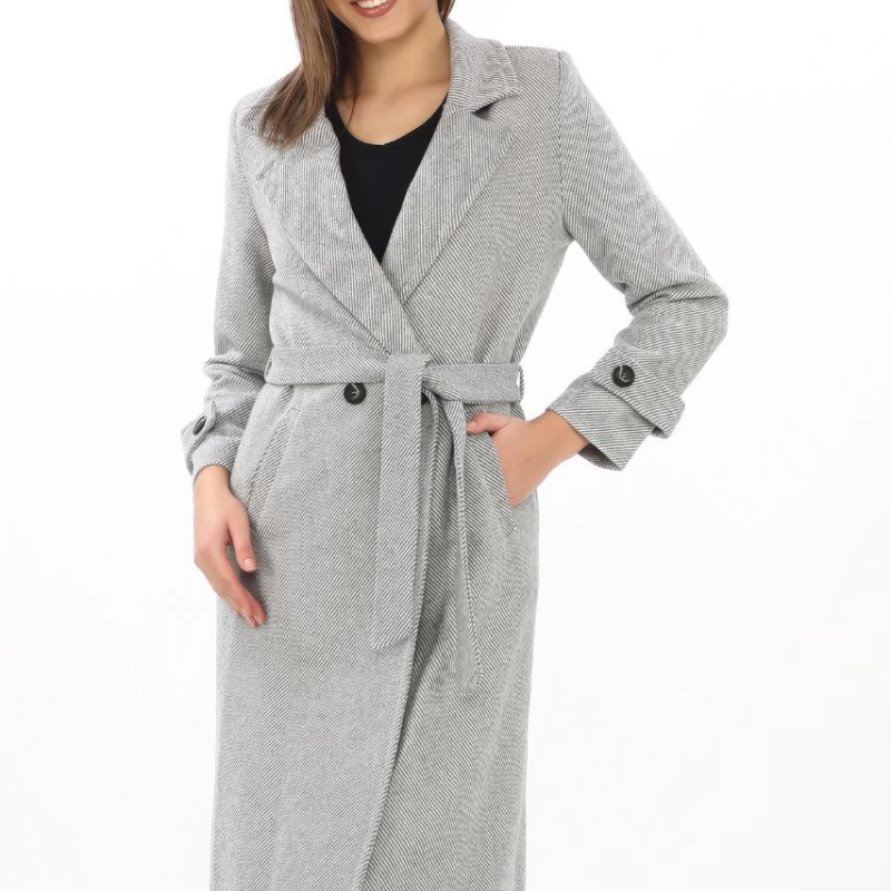Kadın Balık Sırtı Kaşe Kaban Uzun Boy Kruvaze Yaka Kuşaklı Astarlı Tesettür Kaban - Gri