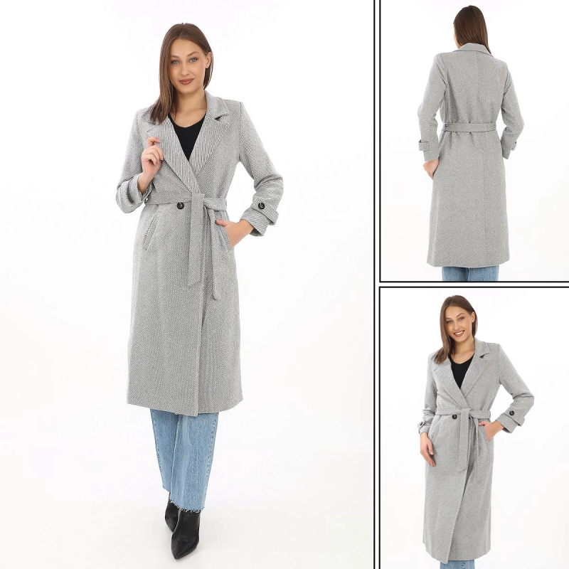 Kadın Balık Sırtı Kaşe Kaban Uzun Boy Kruvaze Yaka Kuşaklı Astarlı Tesettür Kaban - Gri