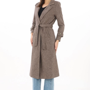 Kadın Balık Sırtı Kaşe Kaban Uzun Boy Kruvaze Yaka Kuşaklı Astarlı Tesettür Kaban - Vizon