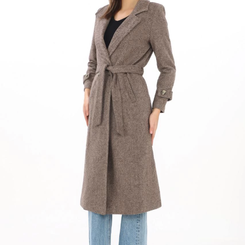 Kadın Balık Sırtı Kaşe Kaban Uzun Boy Kruvaze Yaka Kuşaklı Astarlı Tesettür Kaban - Vizon