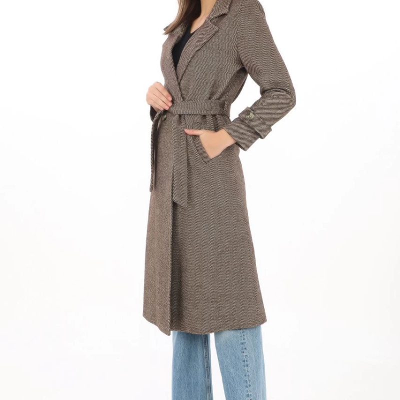 Kadın Balık Sırtı Kaşe Kaban Uzun Boy Kruvaze Yaka Kuşaklı Astarlı Tesettür Kaban - Vizon