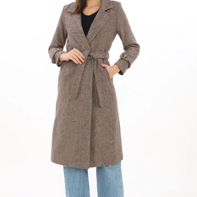 Kadın Balık Sırtı Kaşe Kaban Uzun Boy Kruvaze Yaka Kuşaklı Astarlı Tesettür Kaban - Vizon