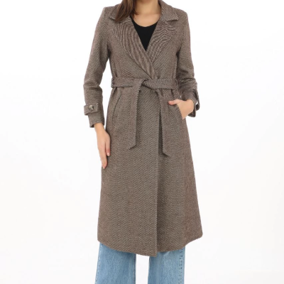 Kadın Balık Sırtı Kaşe Kaban Uzun Boy Kruvaze Yaka Kuşaklı Astarlı Tesettür Kaban - Vizon