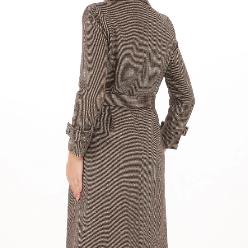 Kadın Balık Sırtı Kaşe Kaban Uzun Boy Kruvaze Yaka Kuşaklı Astarlı Tesettür Kaban - Vizon