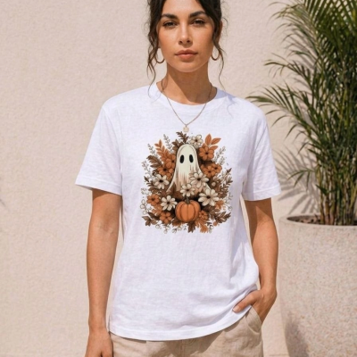 Kadın Balkabağı Hayalet Baskılı Tişört Kısa Kol Yazlık T-Shirt - Beyaz
