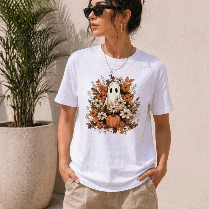 Kadın Balkabağı Hayalet Baskılı Tişört Kısa Kol Yazlık T-Shirt - Beyaz