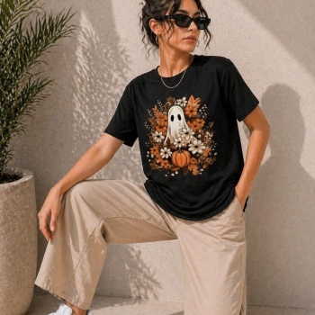 Kadın Balkabağı Hayalet Baskılı Tişört Kısa Kol Yazlık T-Shirt - Siyah Kadın Balkabağı Hayalet Baskılı Tişört Kısa Kol Yazlık T-Shirt - Siyah