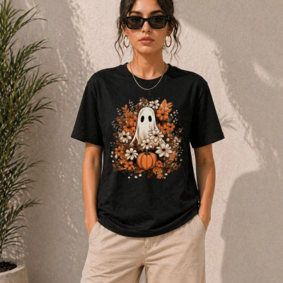 Kadın Balkabağı Hayalet Baskılı Tişört Kısa Kol Yazlık T-Shirt - Siyah