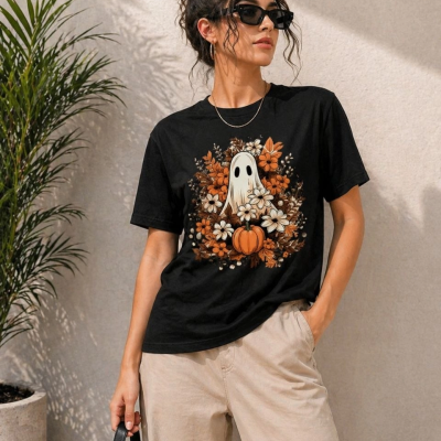 Kadın Balkabağı Hayalet Baskılı Tişört Kısa Kol Yazlık T-Shirt - Siyah