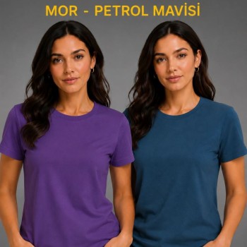 Kadın Basic Bisiklet Yaka Yazlık Slim fit T-Shirt - Mor & Petrol Mavisi