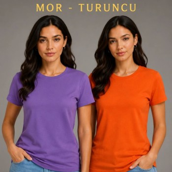 Kadın Basic Bisiklet Yaka Yazlık Slim fit T-Shirt - Mor  & Turuncu