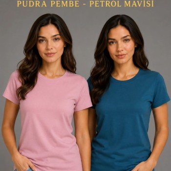 Kadın Basic Bisiklet Yaka Yazlık Slim fit T-Shirt - Pudra Pembe & Petrol Mavi