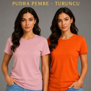 Kadın Basic Bisiklet Yaka Yazlık Slim fit T-Shirt - Pudra Pembe & Turuncu