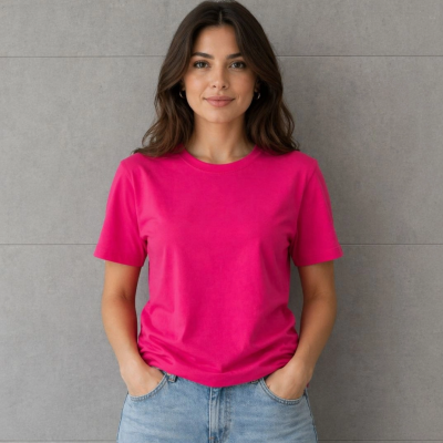 Kadın Basic Pamuklu Tişört Bisiklet Yaka Düz Renk Relaxed Fit T-Shirt - Fuşya