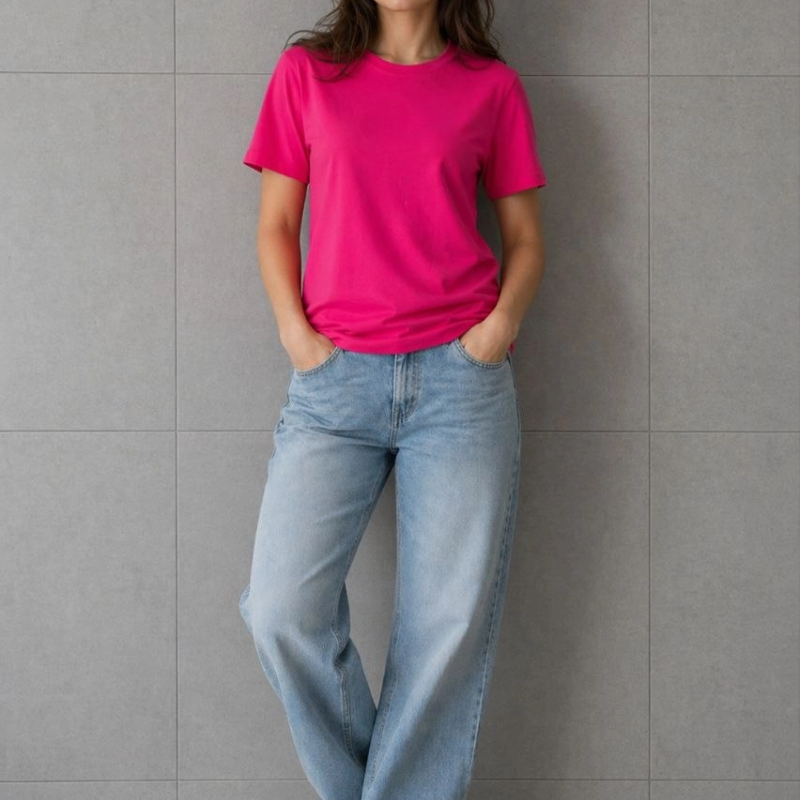 Kadın Basic Pamuklu Tişört Bisiklet Yaka Düz Renk Relaxed Fit T-Shirt - Fuşya