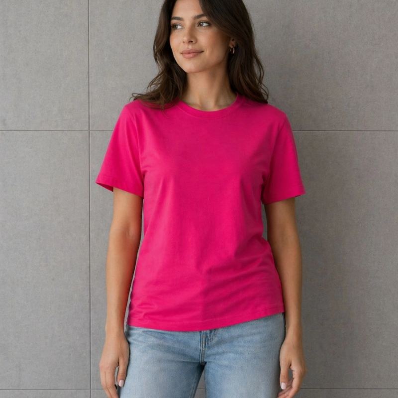 Kadın Basic Pamuklu Tişört Bisiklet Yaka Düz Renk Relaxed Fit T-Shirt - Fuşya