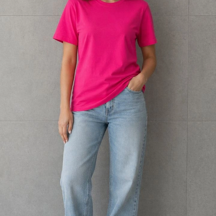 Kadın Basic Pamuklu Tişört Bisiklet Yaka Düz Renk Relaxed Fit T-Shirt - Fuşya