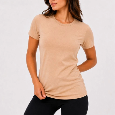 Kadın Basic Tişört Bisiklet Yaka Kısa Kol Günlük Yazlık Slim fit T-Shirt - Bej