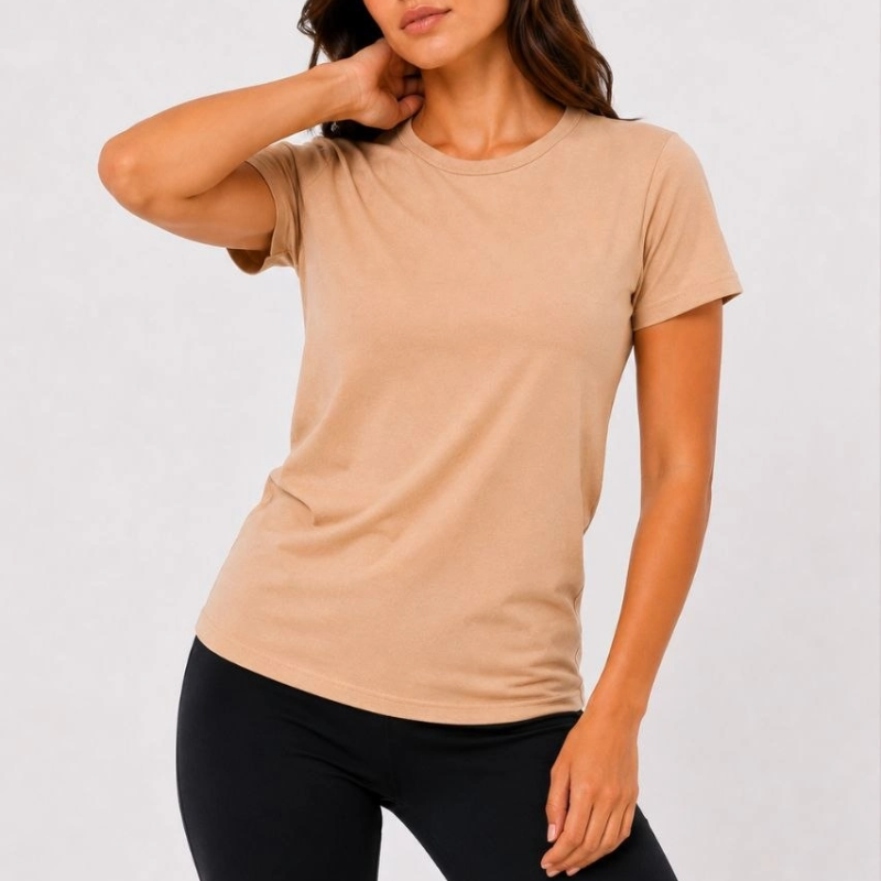 Kadın Basic Tişört Bisiklet Yaka Kısa Kol Günlük Yazlık Slim fit T-Shirt - Bej