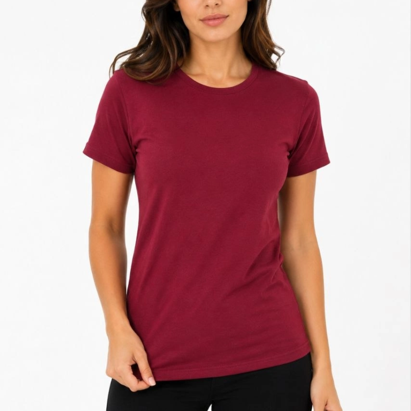 Kadın Basic Tişört Bisiklet Yaka Kısa Kol Günlük Yazlık Slim fit T-Shirt - Bordo
