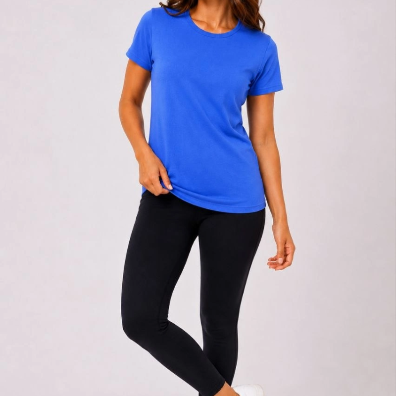 Kadın Basic Tişört Bisiklet Yaka Kısa Kol Günlük Yazlık Slim fit T-Shirt - Mavi