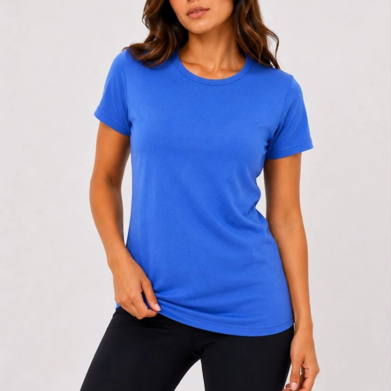 Kadın Basic Tişört Bisiklet Yaka Kısa Kol Günlük Yazlık Slim fit T-Shirt - Mavi