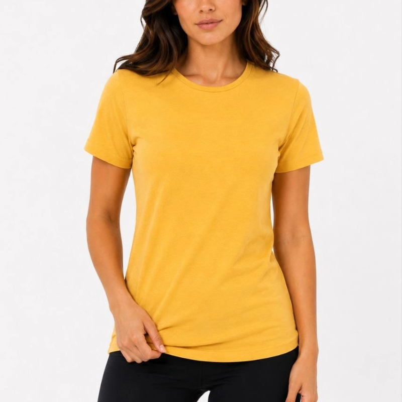 Kadın Basic Tişört Bisiklet Yaka Kısa Kol Günlük Yazlık Slim fit T-Shirt - Sarı