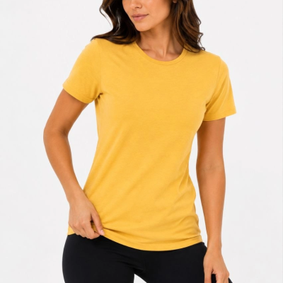 Kadın Basic Tişört Bisiklet Yaka Kısa Kol Günlük Yazlık Slim fit T-Shirt - Sarı