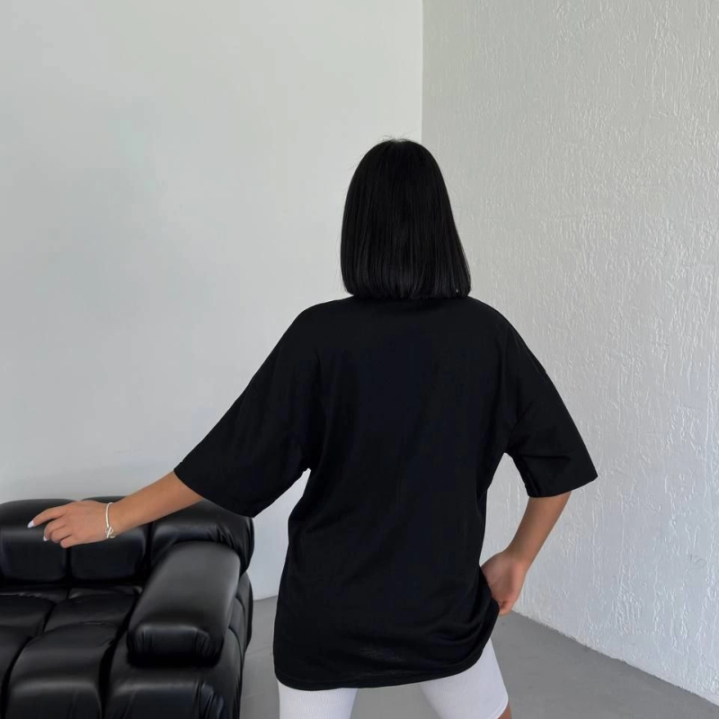 Kadın Baskılı T-Shirt Kısa Kol Bisiklet Yaka Oversize Rahat Kalıp Günlük Tişört - Siyah