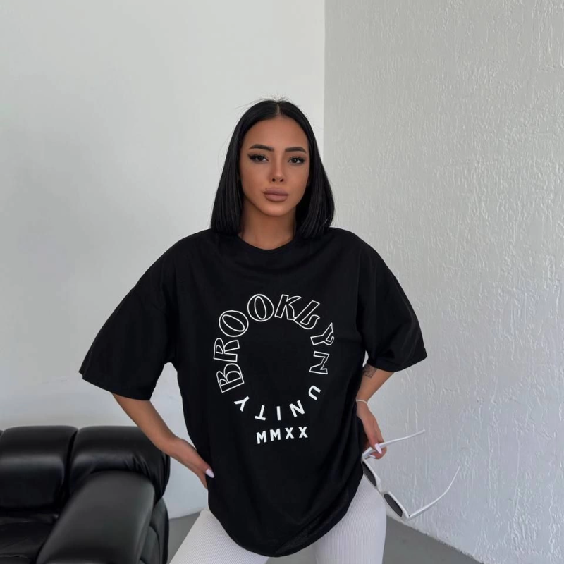 Kadın Baskılı T-Shirt Kısa Kol Bisiklet Yaka Oversize Rahat Kalıp Günlük Tişört - Siyah