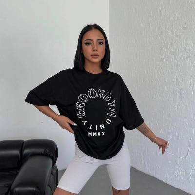 Kadın Baskılı T-Shirt Kısa Kol Bisiklet Yaka Oversize Rahat Kalıp Günlük Tişört - Siyah