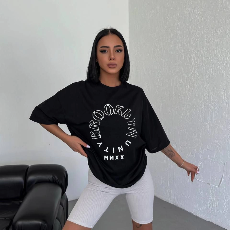 Kadın Baskılı T-Shirt Kısa Kol Bisiklet Yaka Oversize Rahat Kalıp Günlük Tişört - Siyah