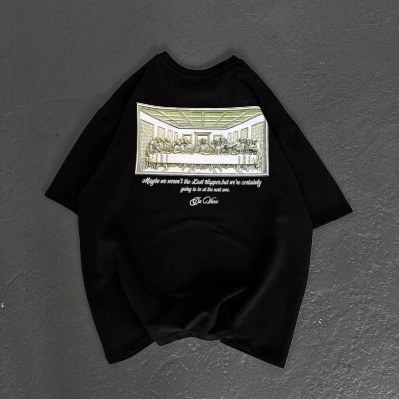 Kadın Baskılı T-Shirt Kısa Kol Bisiklet Yaka Oversize Rahat Kalıp Günlük Tişört - Siyah