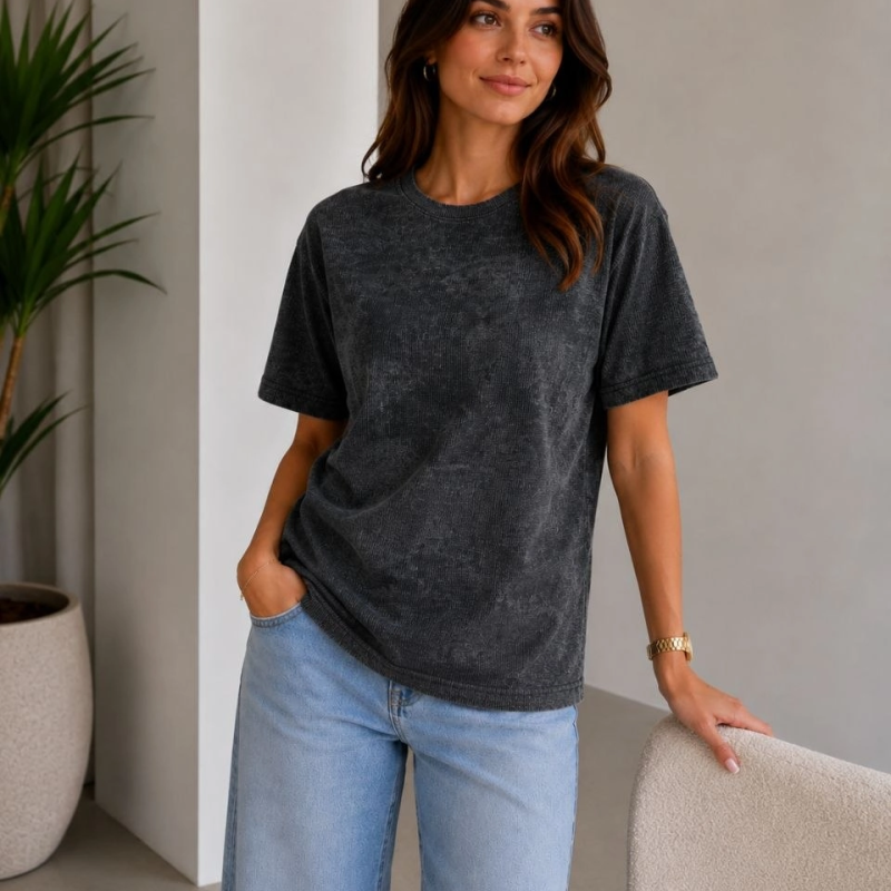 Kadın Batik Desenli Tişört Bisiklet Yaka Kısa Kol Regular Fit T-shirt - Siyah