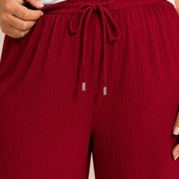 Kadın Battal Beden Bürümcük Kumaş Beli Lastikli Bağcıklı Bol Paça Palazzo Pantolon - Bordo
