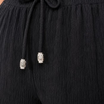 Kadın Battal Beden Bürümcük Kumaş Beli Lastikli Bağcıklı Bol Paça Palazzo Pantolon - Siyah