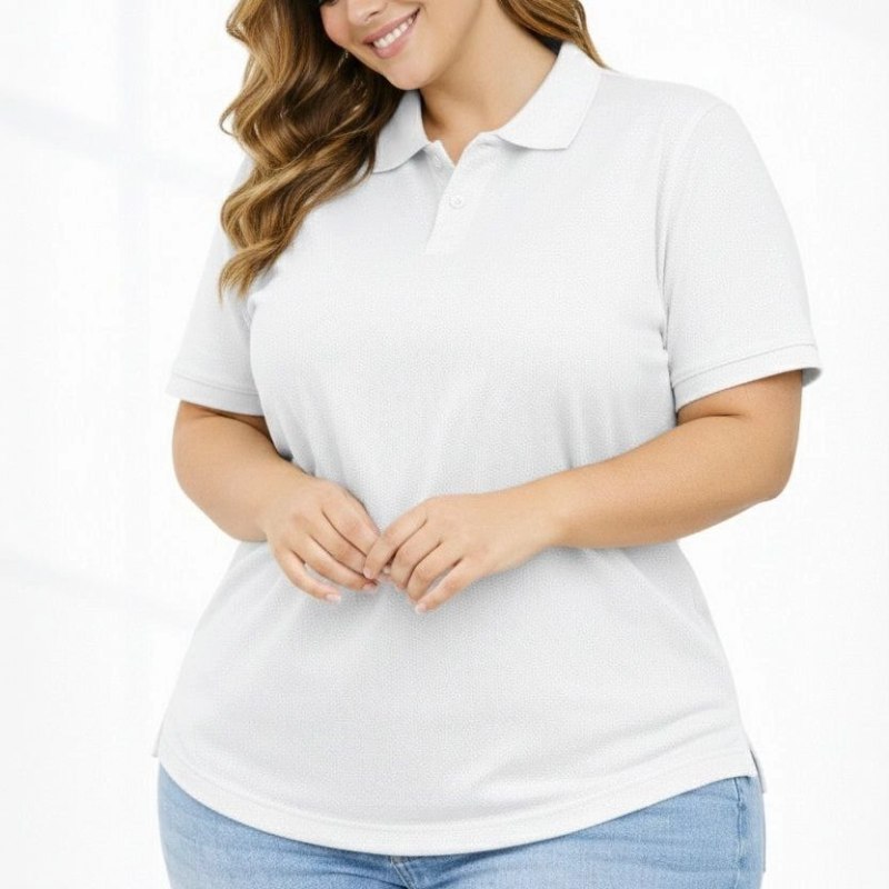 Kadın Battal Beden Tişört Polo Yaka Pike Kumaş Kısa Kol T-Shirt - Beyaz