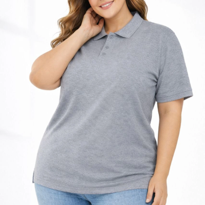 Kadın Battal Beden Tişört Polo Yaka Pike Kumaş Kısa Kol T-Shirt - Gri