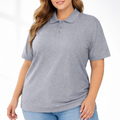 Kadın Battal Beden Tişört Polo Yaka Pike Kumaş Kısa Kol T-Shirt - Gri