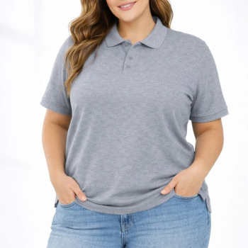 Kadın Battal Beden Tişört Polo Yaka Pike Kumaş Kısa Kol T-Shirt - Gri