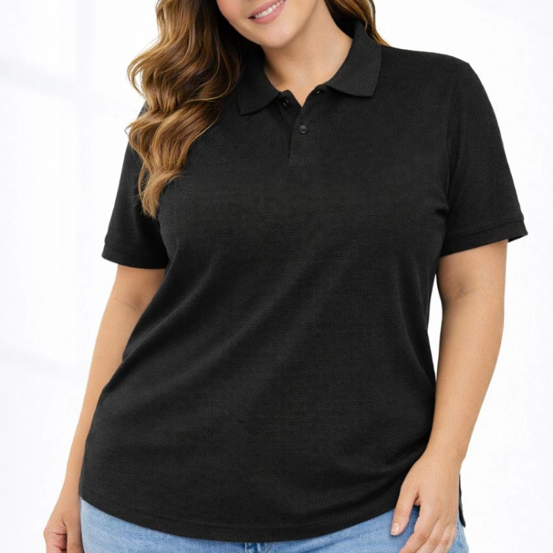 Kadın Battal Beden Tişört Polo Yaka Pike Kumaş Kısa Kol T-Shirt - Siyah