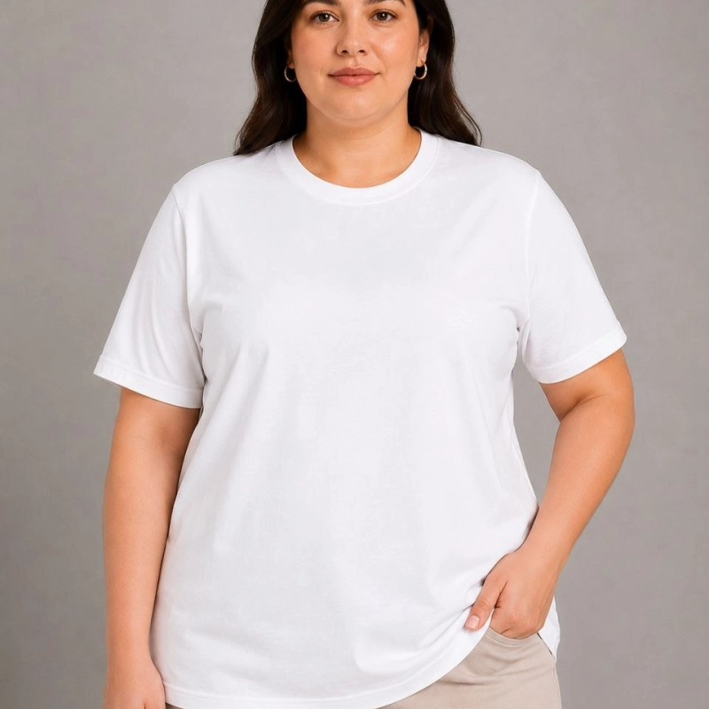 Kadın Battal Big Size Basic Tişört Bisiklet Yaka Rahat Kalıp T-Shirt - Beyaz